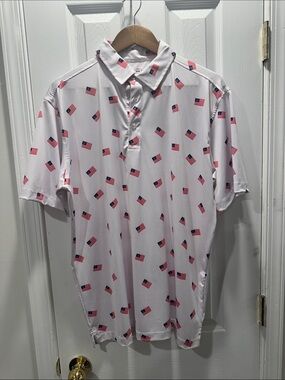Men's White Polo with Small American Flag Print